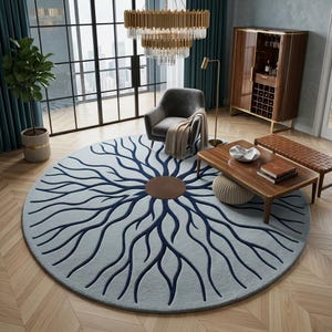 Hand Tufted Round Wool Rug, Modern Radial Tree Branch Circle Rug, Blue Grey Art Deco Carpet, Custom Living Room Mat, Luxury Floor Decor