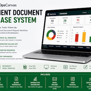 May include: A laptop displaying the OpsCanvas Client Document Chase System dashboard with data charts, request metrics, and status overviews. The interface includes sections for tracking, prioritizing, and monitoring professional document workflows.