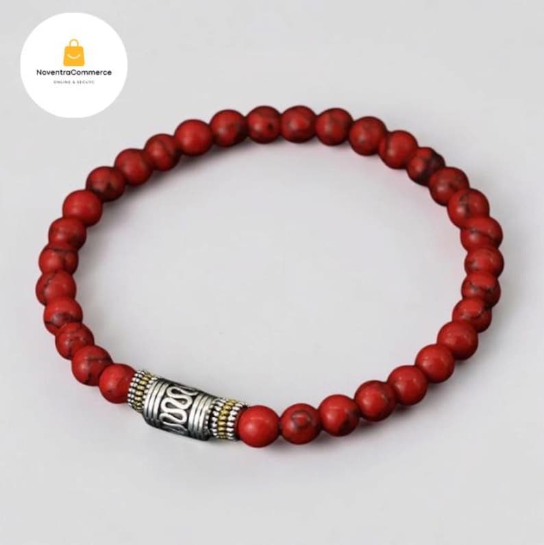 Single Wavy Line Pattern 6mm Natural Stone Bracelet, Beaded Stretch Wristband, Alloy Accent ...