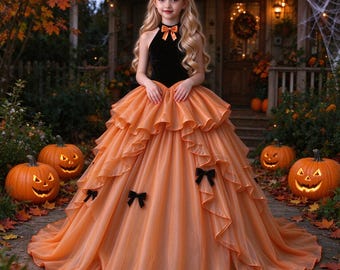 ハロウィンフラワーガールドレス、ホルターネックベルベットボディスフリルチュールボールガウン（リボン付き）、秋のページェントドレス、子供用イブニングパーティードレス