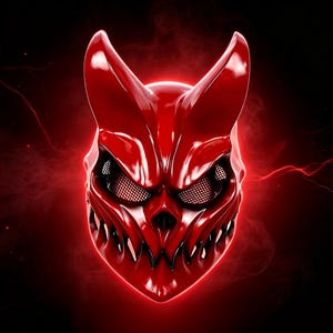 May include: A glossy red mask featuring two prominent pointed horns at the top, a sharp angular brow, and a wide, jagged mouth with visible teeth. The eye sockets are covered with a fine black mesh grid, creating a menacing and textured appearance.