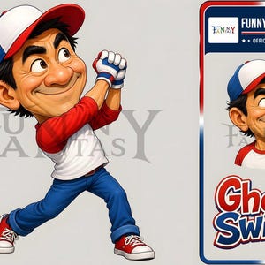 May include: A cartoon character wearing a red and white baseball shirt, blue jeans, red and white sneakers, and a blue and white cap, holding a bat. Next to it is a rectangular card labeled FUNNY FAN FANTASY OFFICIAL MEMBER CARD and GHOST SWING.