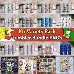 Snoopy 20oz Tumbler Wrap Bundle PNG | 16+ Cartoon Dog Designs, Cute Skinny Cup Sublimation Patterns | Digital Download