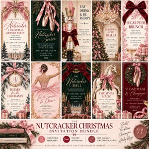 Könnte beinhalten: Eine digitale Sammlung von zehn Weihnachtseinladungsvorlagen zum Thema Nussknacker mit festlichen Motiven wie Ballettschuhen, Nussknackern, Kronleuchtern und Weihnachtskränzen in den Farben Rosa, Dunkelrot, Grün und Gold mit eleganter Typografie.