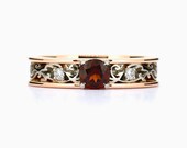Red Garnet and diamond filigree engagement ring, rose gold, white gold, wide engagement, floral, art deco ring, garnet wedding ring, vintage
