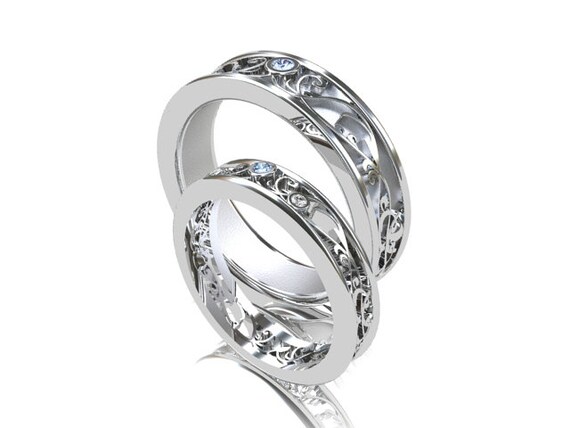 Items similar to Wedding band set, white gold, blue ...
