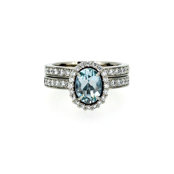 Aquamarine halo engagement ring set diamond ring white gold | Etsy