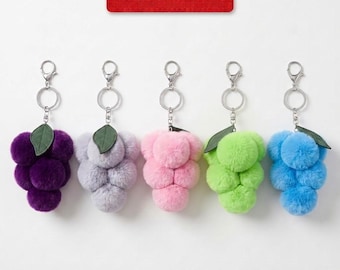 Fluffy Grape Keychain Plush Pom Pom Bag Charm Fruit Keyring