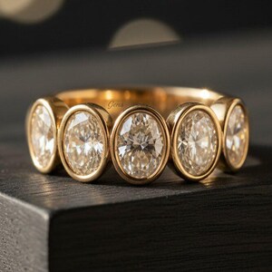 Oval Moissanite Bezel Band, 5 Stone Wedding Ring In Yellow Gold, Vintage Half Eternity Stacking Ring, Lab Created Anniversary Gift For Her