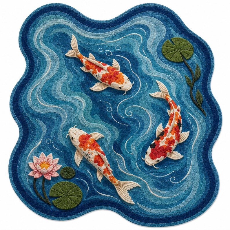 May include: An irregularly shaped rug featuring a blue water pattern with swirling currents. Three koi fish with white, orange, and black scales swim across the surface. A pink lotus flower and several green lily pads are positioned in the corners.