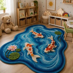 May include: An irregularly shaped area rug featuring a blue water-like pattern with three-dimensional koi fish in orange, white, and black, along with a pink lotus flower and green lily pads, creating a textured pond-themed floor covering.