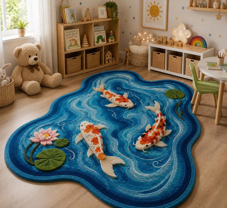 May include: An irregularly shaped area rug featuring a blue water-like pattern with three-dimensional koi fish in orange, white, and black, along with a pink lotus flower and green lily pads, creating a textured pond-themed floor covering.