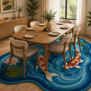 May include: A large, irregularly shaped area rug featuring a vibrant blue water pattern with white ripples, two koi fish in orange, white, and black, a pink lotus flower, and green lily pads, placed under a wooden dining table with six chairs.