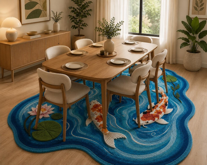 May include: A large, irregularly shaped area rug featuring a vibrant blue water pattern with white ripples, two koi fish in orange, white, and black, a pink lotus flower, and green lily pads, placed under a wooden dining table with six chairs.