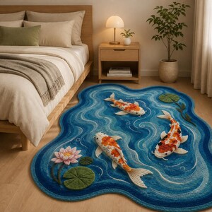 May include: An irregularly shaped area rug featuring a blue water-inspired pattern with three textured koi fish in orange, white, and black, alongside a pink lotus flower and green lily pads, creating a pond-like design on the floor surface.