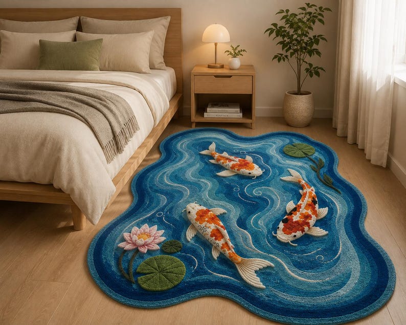 May include: An irregularly shaped area rug featuring a blue water-inspired pattern with three textured koi fish in orange, white, and black, alongside a pink lotus flower and green lily pads, creating a pond-like design on the floor surface.