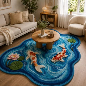 May include: An irregularly shaped area rug featuring a blue water-like pattern with swirling ripples. The rug includes three-dimensional tufted accents of two koi fish in white, orange, and black, a pink lotus flower, and several green lily pads.
