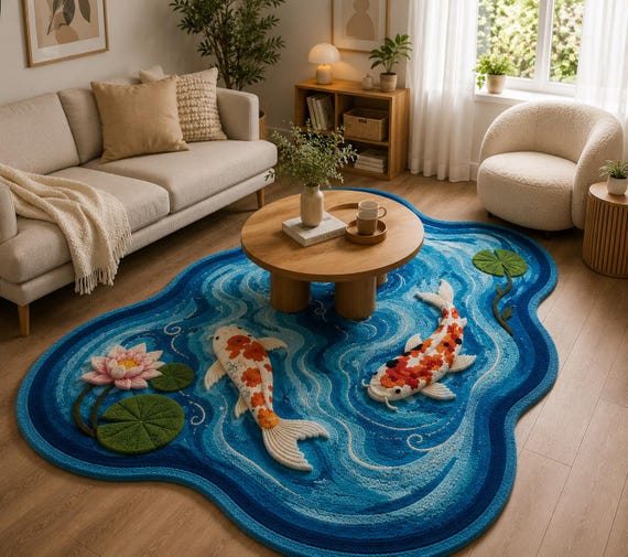 Hand-Tufted Wool Koi Pond Rug, Japanese Lotus Lily Pad Area Rug (Organic Shape)