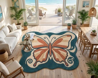 Butterfly Tufted Rug, Teal Cream Terracotta Boho Accent Carpet (Freeform Shape)