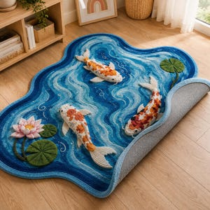 May include: A tufted area rug featuring a blue water pattern with three-dimensional koi fish in orange, white, and black, along with a pink lotus flower and green lily pads. The rug has an irregular, organic shape with a curled edge on one side.