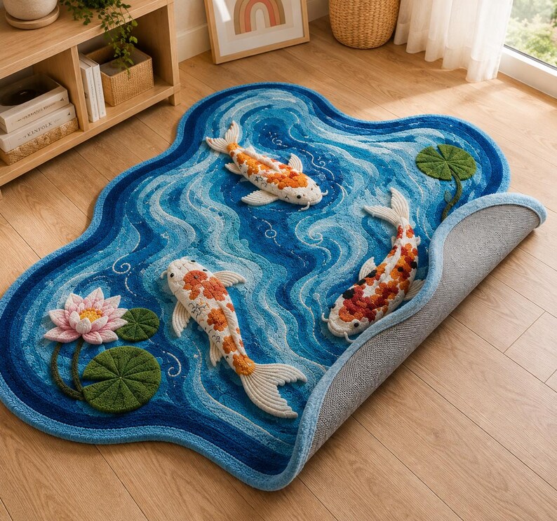 May include: A tufted area rug featuring a blue water pattern with three-dimensional koi fish in orange, white, and black, along with a pink lotus flower and green lily pads. The rug has an irregular, organic shape with a curled edge on one side.