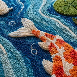 May include: A tufted rug featuring a textured design of orange and white koi fish swimming through deep blue water with swirling currents, white bubbles, and a single green lily pad floating on the surface, rendered in a thick, plush yarn pile.