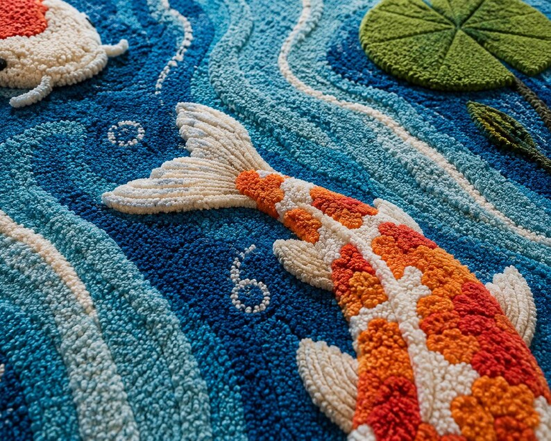 May include: A tufted rug featuring a textured design of orange and white koi fish swimming through deep blue water with swirling currents, white bubbles, and a single green lily pad floating on the surface, rendered in a thick, plush yarn pile.