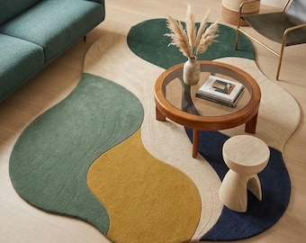 Organic Freeform Rug, Abstract Wavy Carpet, Green Cream Mustard Navy, Sculptural Contour Home Decor