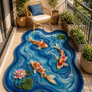May include: An irregularly shaped area rug featuring a deep blue water pattern with swirling light blue currents. Three textured koi fish in orange, white, and black are depicted swimming, accompanied by a pink lotus flower and green lily pads.