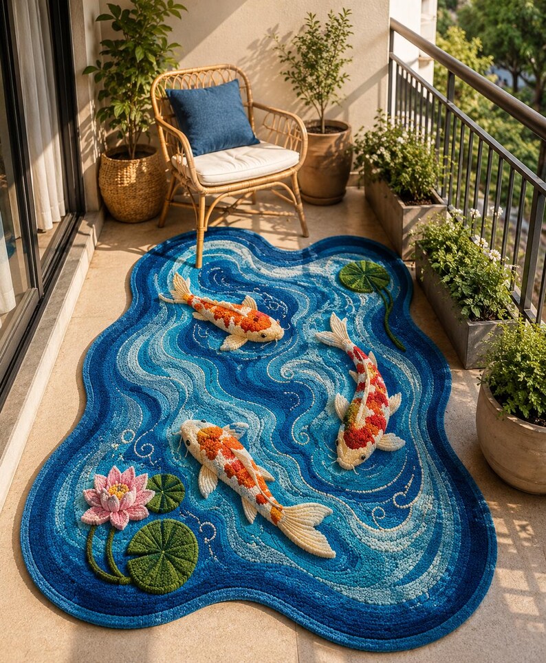 May include: An irregularly shaped area rug featuring a deep blue water pattern with swirling light blue currents. Three textured koi fish in orange, white, and black are depicted swimming, accompanied by a pink lotus flower and green lily pads.