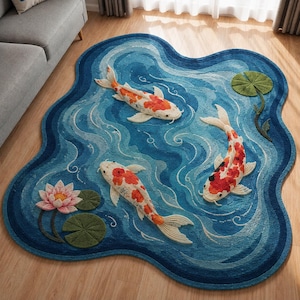 May include: An irregularly shaped area rug featuring a blue water-like pattern with three koi fish in orange, white, and black. The rug includes a pink lotus flower and several green lily pads, with a textured surface and wavy, organic edges.