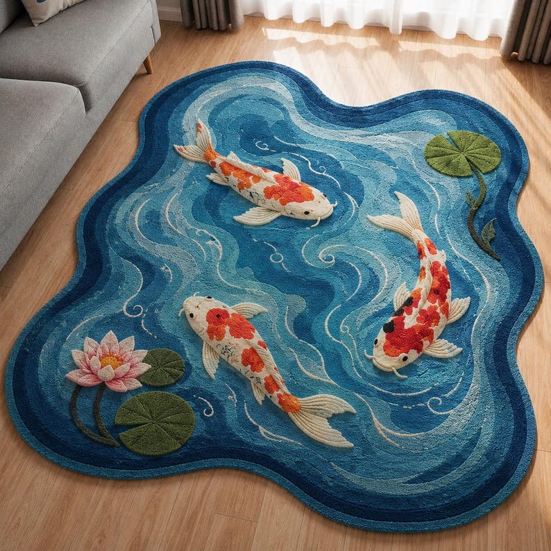 May include: An irregularly shaped area rug featuring a blue water-like pattern with three koi fish in orange, white, and black. The rug includes a pink lotus flower and several green lily pads, with a textured surface and wavy, organic edges.