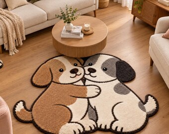 Handmade Puppy Couple Rug, Tufted Dog Shaped Bedroom Decor (Brown & Cream)