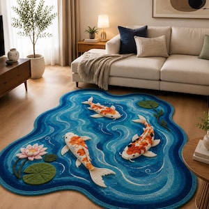 May include: An irregularly shaped area rug featuring a blue water-like pattern with three-dimensional white and orange koi fish, a pink lotus flower, and green lily pads. The rug has a textured surface with varying shades of blue and white swirls.