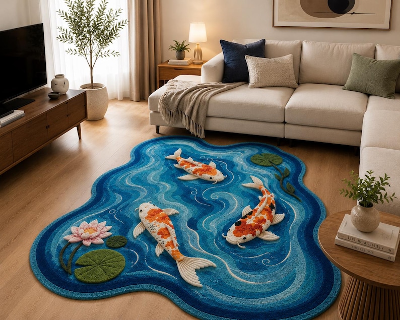 May include: An irregularly shaped area rug featuring a blue water-like pattern with three-dimensional white and orange koi fish, a pink lotus flower, and green lily pads. The rug has a textured surface with varying shades of blue and white swirls.