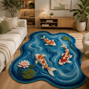 May include: An irregularly shaped area rug featuring a blue water-like pattern with three white and orange koi fish, a pink lotus flower, and several green lily pads. The rug has a textured surface and depicts a pond scene with swirling water ripples.