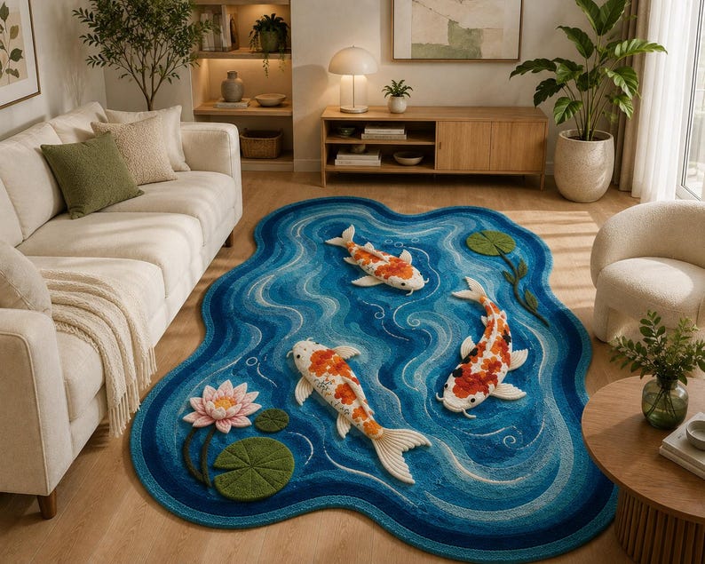 May include: An irregularly shaped area rug featuring a blue water-like pattern with three white and orange koi fish, a pink lotus flower, and several green lily pads. The rug has a textured surface and depicts a pond scene with swirling water ripples.