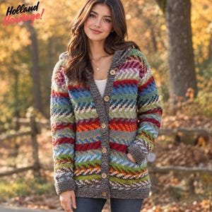 Könnte beinhalten: Eine Strickjacke mit Kapuze und einem mehrfarbigen Zickzackmuster in Rot, Blau, Grün und Gelb. Das Kleidungsstück hat einen dunkelgrauen Saum, lange Ärmel, zwei Vordertaschen und eine vertikale Reihe aus hellbraunen Holzknöpfen. Text lautet Holland Heritage!