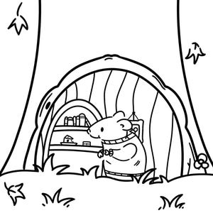Può includere: Un'illustrazione a linee bianche e nere di un piccolo topo che indossa un maglione, in piedi all'interno di un accogliente incavo di un albero. L'interno presenta scaffali con libri e una fetta di formaggio, circondato da foglie cadenti.