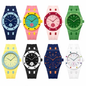 Puede incluir: Una colección de ocho relojes de pulsera con biseles octogonales, esferas texturizadas y correas de silicona. Cada reloj muestra una combinación de colores única, incluyendo azul marino, rosa, verde, amarillo, negro y blanco.
