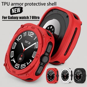 May include: A red TPU armour protective shell for Galaxy watch 7 Ultra. The case features a rugged design with cutouts for buttons and sensors. Text on the image reads: TPU armour protective shell, NEW, For Galaxy watch 7 Ultra. Small red, white, and black versions are shown at the bottom.
