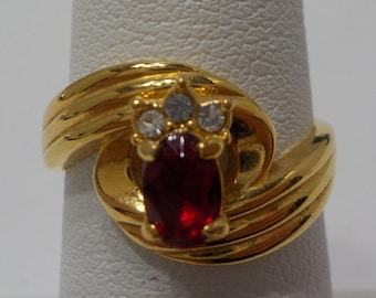 Vintage Ruby Red & Clear Rhinestones Ring (2470) Size 6
