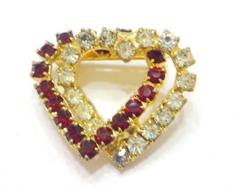 Vintage Gold Tone Double Heart Rhinestone Brooch (7764) Red & Clear Rhinestones