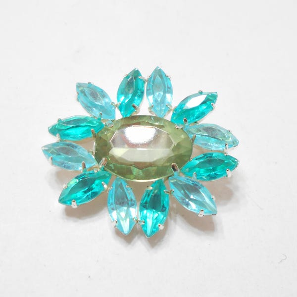 Vintage Aquamarine Navette Brooch (5697) Foil Back Rhinestone Center