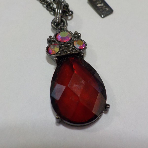 Vintage 1928 Brand, Red Teardrop Pendant Necklace (3846) Red Aurora Borealis Rhinestones