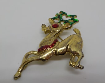 Vintage Gold Tone Rudolph Brooch (6065) Red Nosed