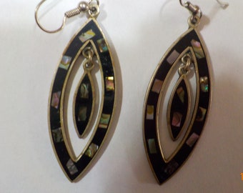 Vintage Alpaca Abalone Pierced Dangles (8176) Inlaid Abalone