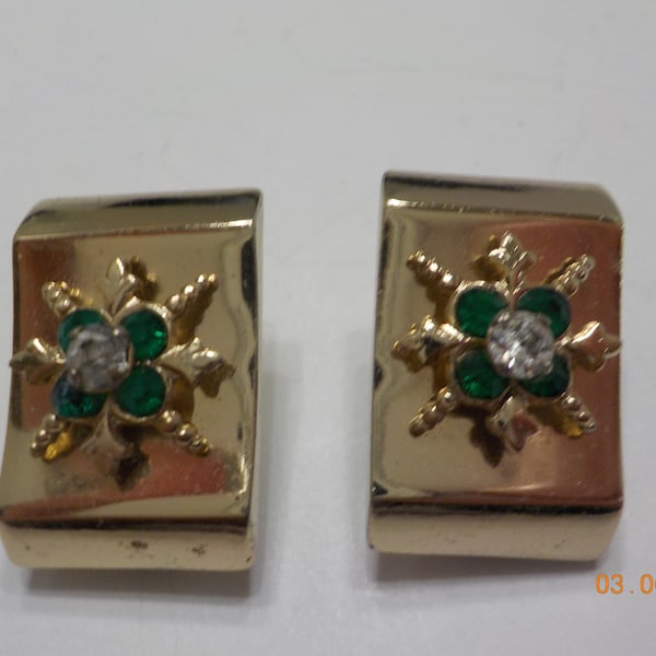 Vintage Coro Gold Tone Clip Earrings (7066) Rhinestones & Fleur De Lis--Mint!