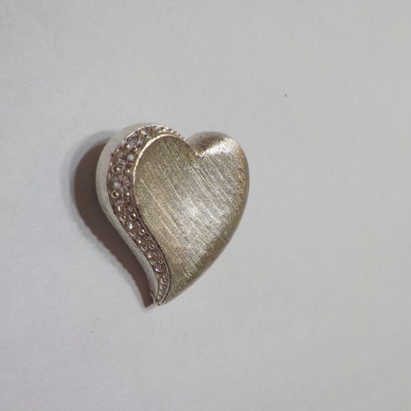 Vintage Shiny Silver Tone Heart Brooch (7896) Clear Rhinestones