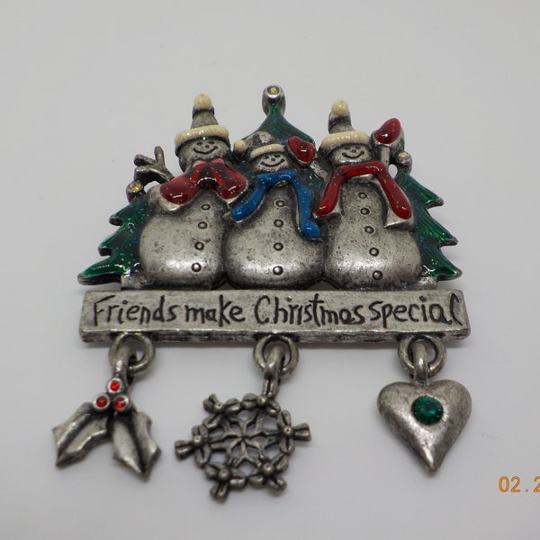 Vintage AJMC Enameled Pewter Snowman Christmas Brooch (6028) Friends Make Christmas Special